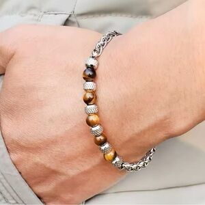 Stainless Steel Mens Tiger Eyes Bracelet 7”+1” extension